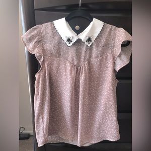Elegant dressy sheer floral top w/ collar